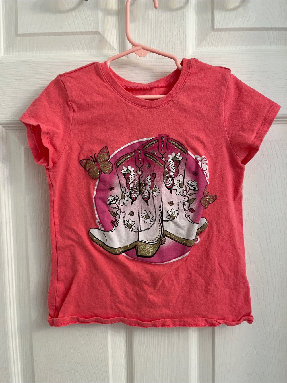 The Children's Place Coral Pink Graphic Tee with Floral Cowboy Boot